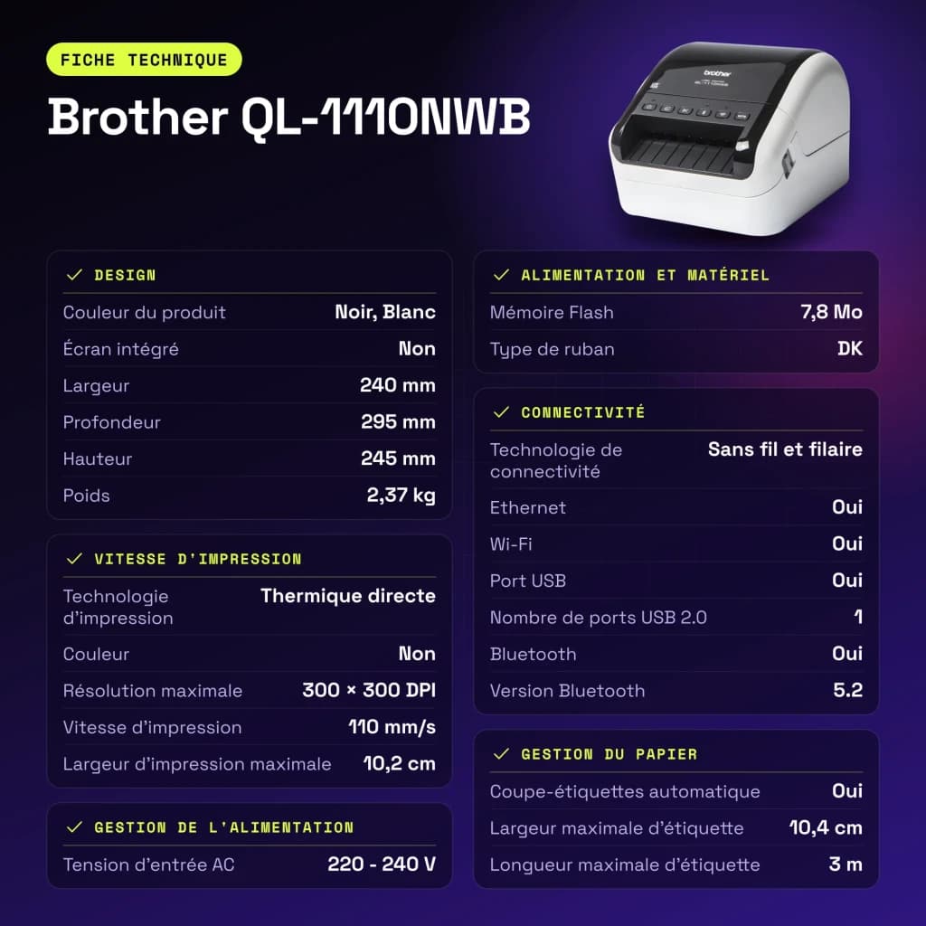 Impresora de etiquetas Brother QL-1110NWBc Monocromo WiFi Bluetooth - características
