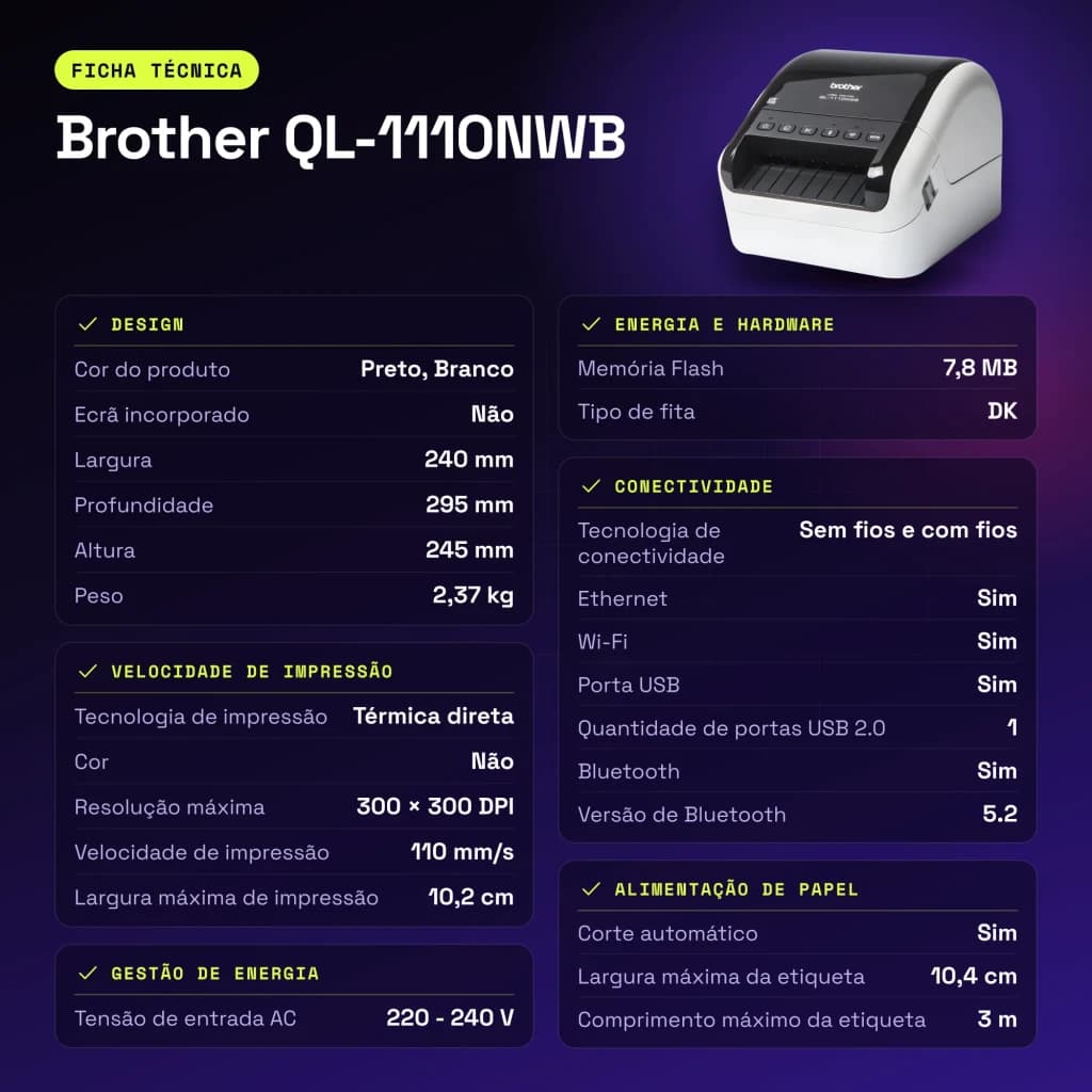 Impresora de etiquetas Brother QL-1110NWBc Monocromo WiFi Bluetooth - características