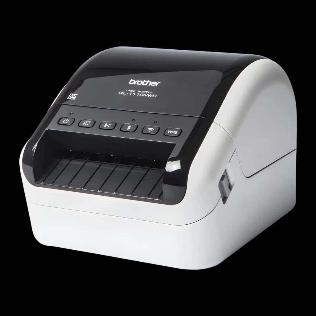 Impresora de etiquetas Brother QL-1110NWB Monocromo WiFi Bluetooth, vista frontal: cuerpo blanco y negro, panel con botones