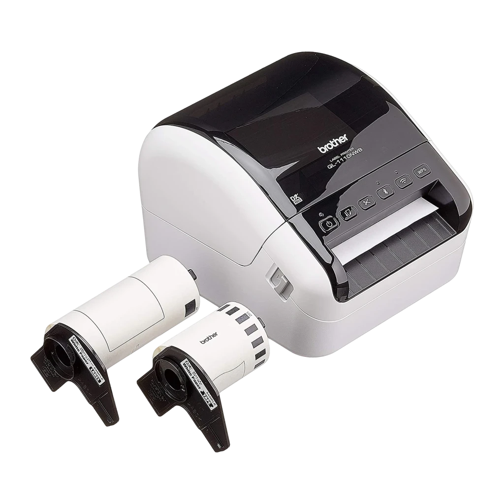 Impresora de etiquetas Brother QL-1110NWB Monocromo WiFi Bluetooth, detalle: vista lateral con dos rollos de etiquetas DK