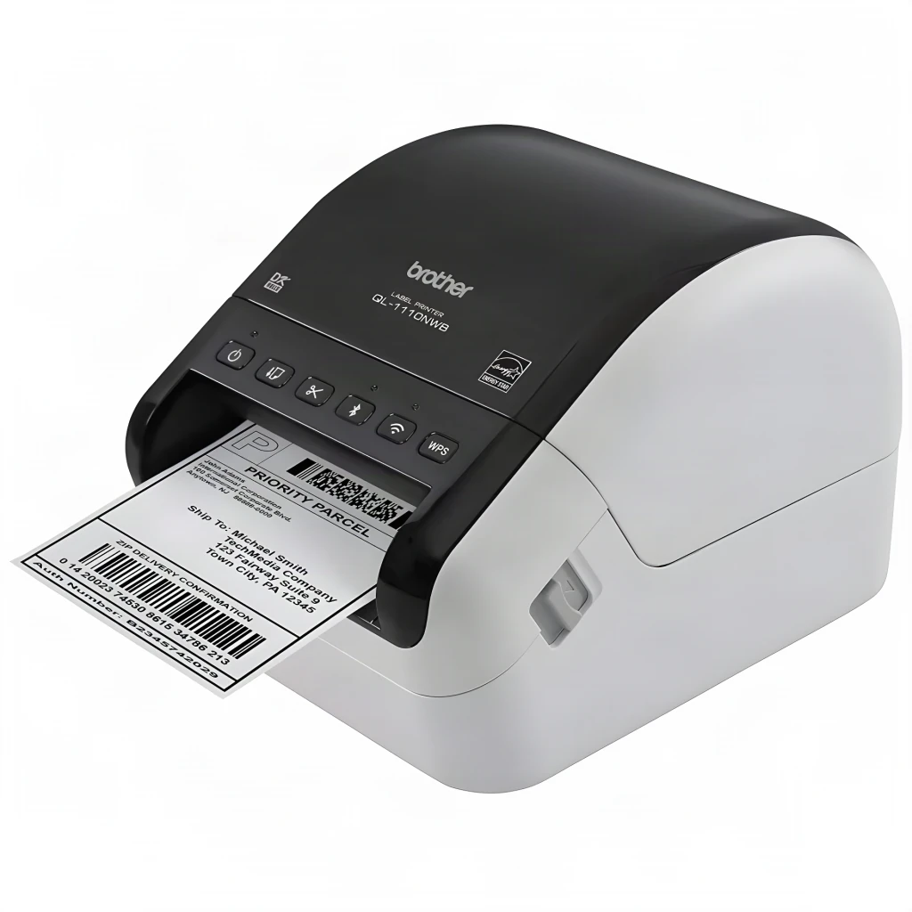 Impresora de etiquetas Brother QL-1110NWB Monocromo WiFi Bluetooth, en uso: imprimiendo etiqueta de envío Priority Parcel