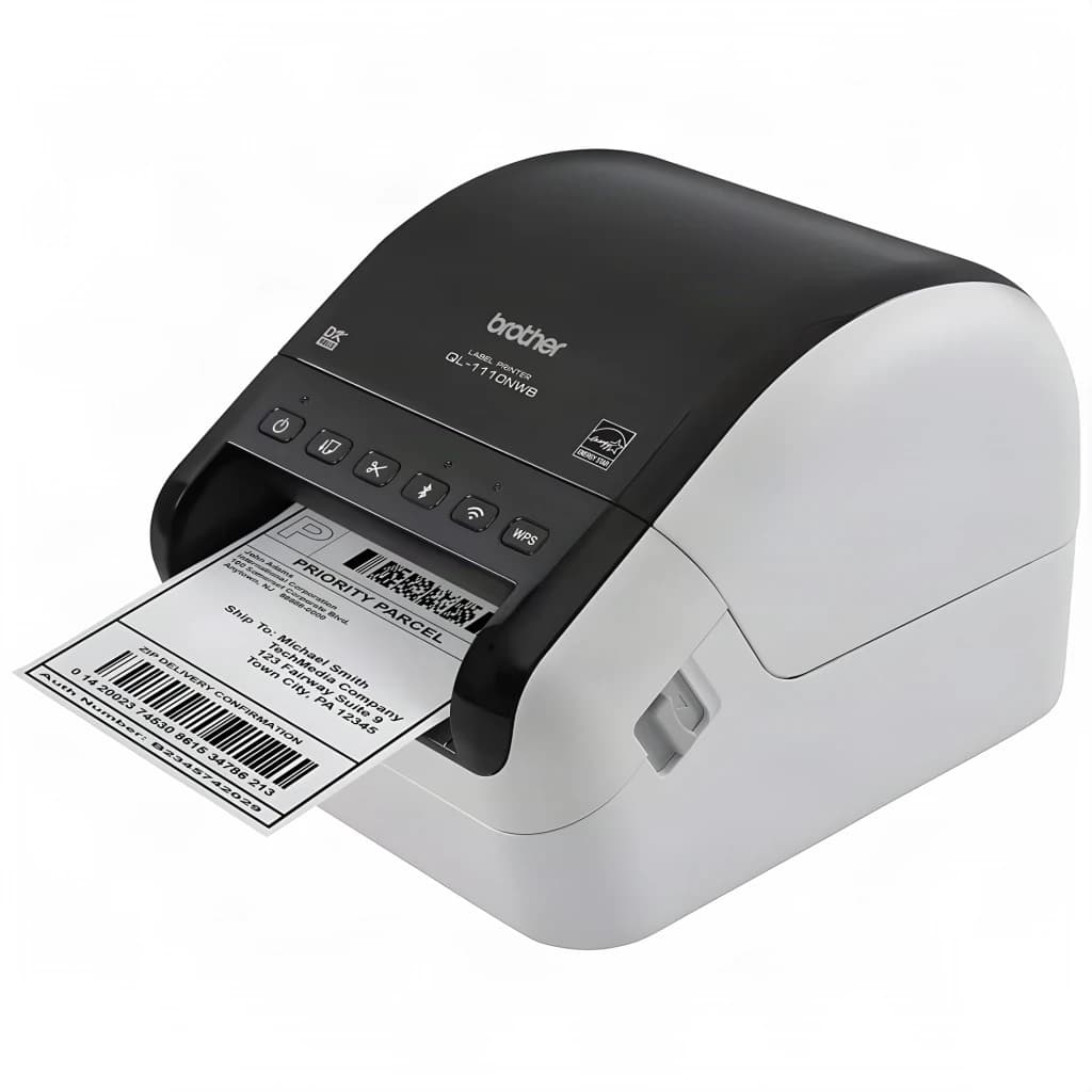 Impresora de etiquetas Brother QL-1110NWB Monocromo WiFi Bluetooth, en uso: imprimiendo etiqueta de envío Priority Parcel