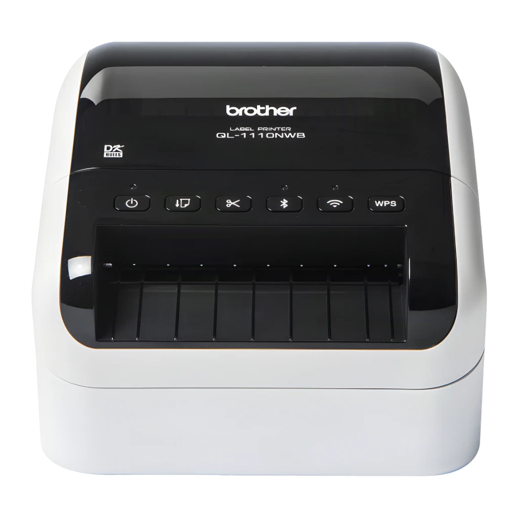 Impresora de etiquetas Brother QL-1110NWB Monocromo WiFi Bluetooth, detalle: panel frontal con botones de encendido, corte