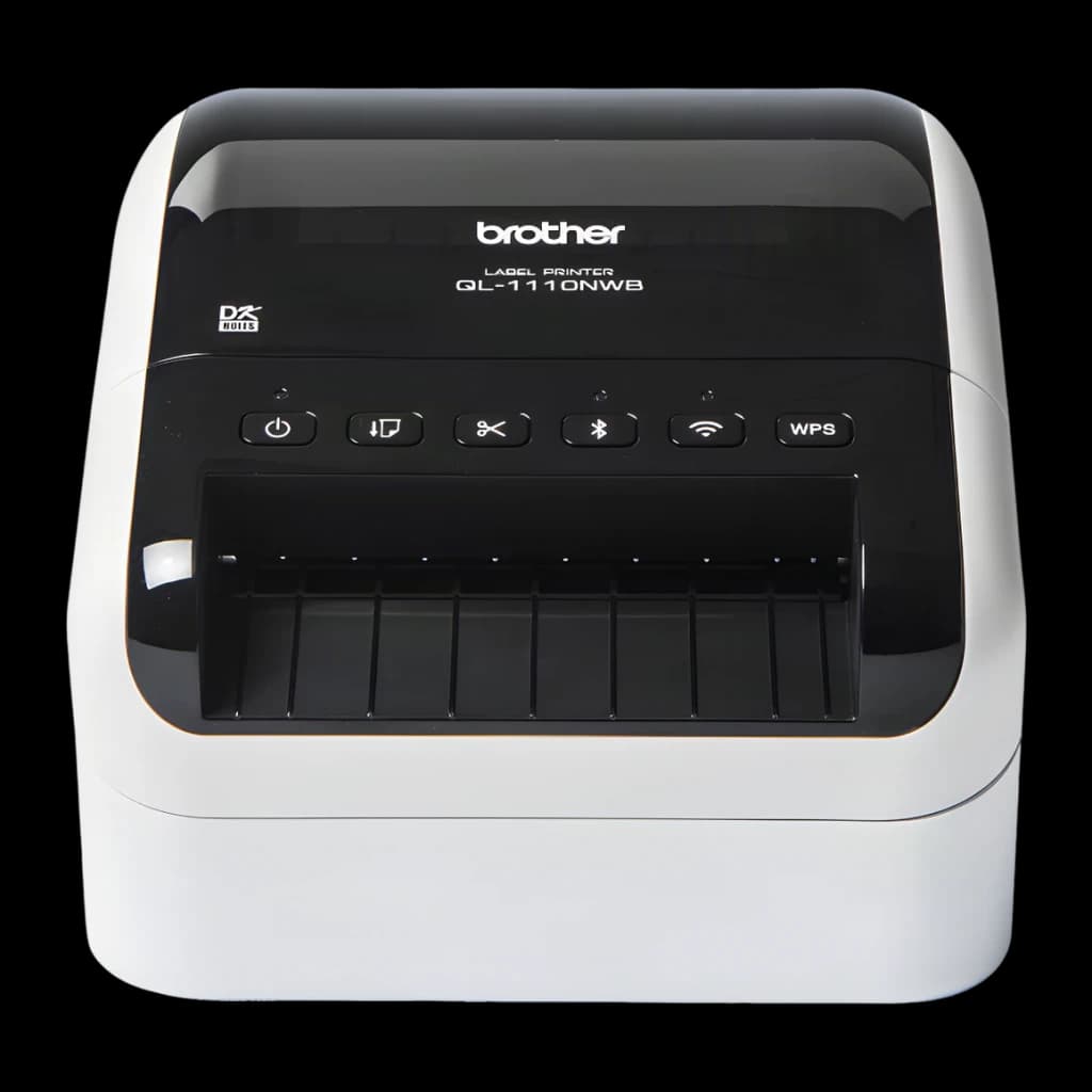 Impresora de etiquetas Brother QL-1110NWB Monocromo WiFi Bluetooth, detalle: panel frontal con botones de encendido, corte