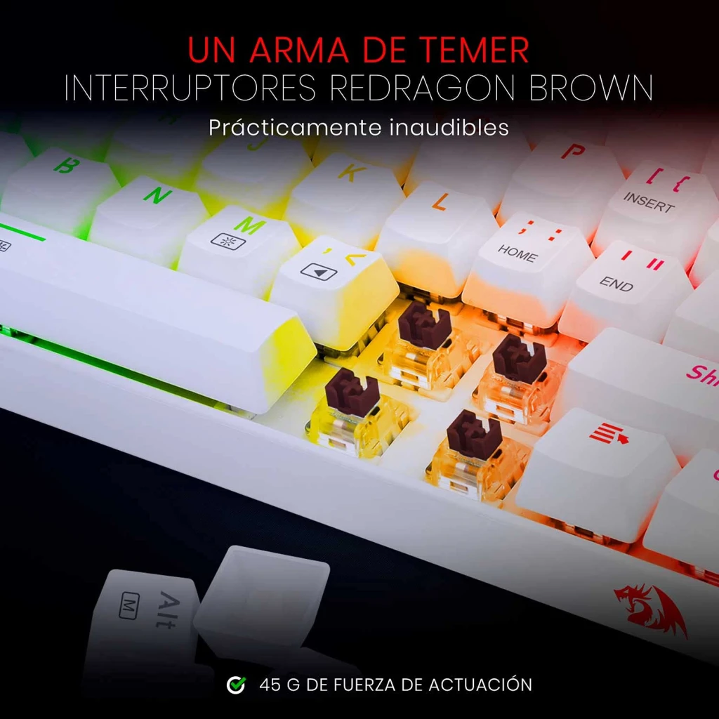 Teclado Gaming Redragon Dragonborn K630 Mecânico Switch Brown RGB Branco, detalhe: switches brown expostos com iluminação