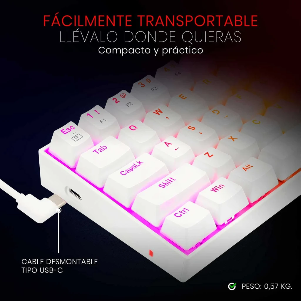 Teclado Gaming Redragon Dragonborn K630 Mecânico Switch Brown RGB Branco, vista lateral: iluminação RGB rosa e cabo USB-C