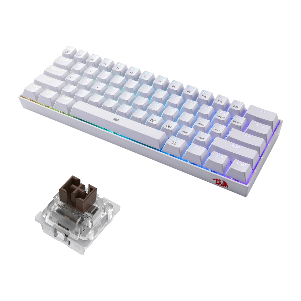 Teclado Gaming Redragon Dragonborn K630 Mecânico Switch Brown RGB Branco, detalhe: switch brown desmontado ao lado