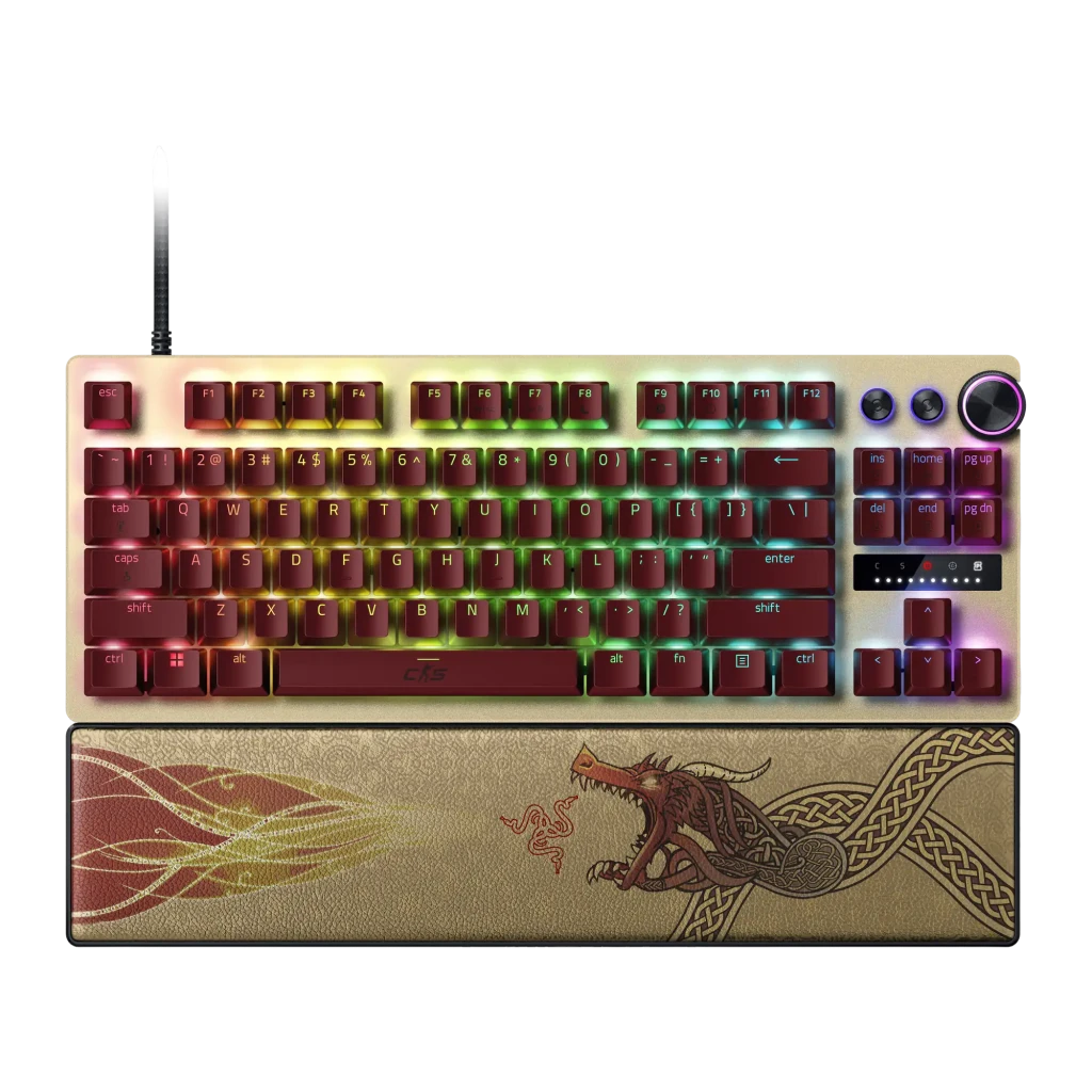 Teclado Gaming Razer Huntsman V3 Pro Tenkeyless CS2 Edition Dorado, vista frontal: teclas rojas con RGB, reposamuñecas