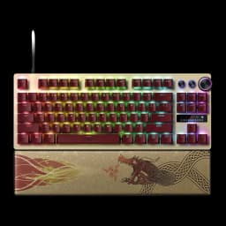 Clavier Gaming Razer Huntsman V3 Pro Tenkeyless CS2 Edition Or, vue de face: touches rouges rétroéclairées RGB