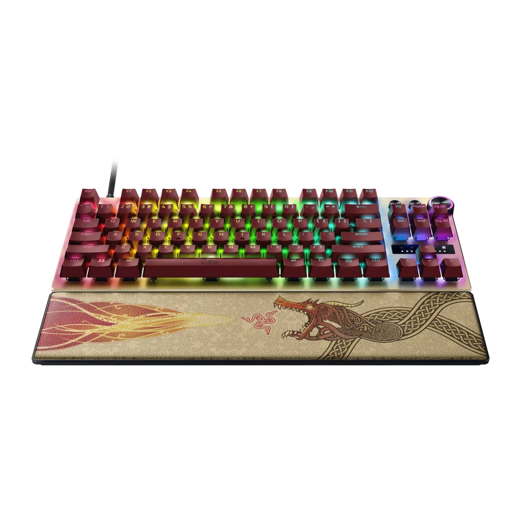 Clavier Gaming Razer Huntsman V3 Pro Tenkeyless CS2 Edition Or, détail: touches bordeaux rétroéclairées RGB