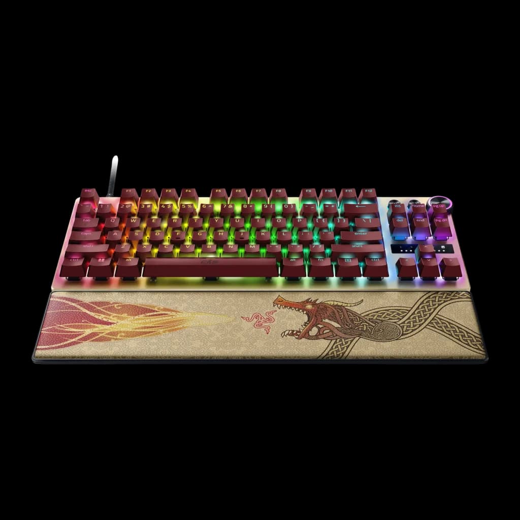 Clavier Gaming Razer Huntsman V3 Pro Tenkeyless CS2 Edition Or, détail: touches bordeaux rétroéclairées RGB