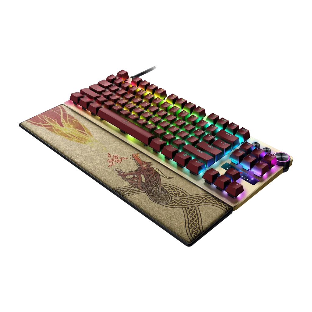 Clavier Gaming Razer Huntsman V3 Pro Tenkeyless CS2 Edition Or, détail: touches bordeaux rétroéclairées RGB