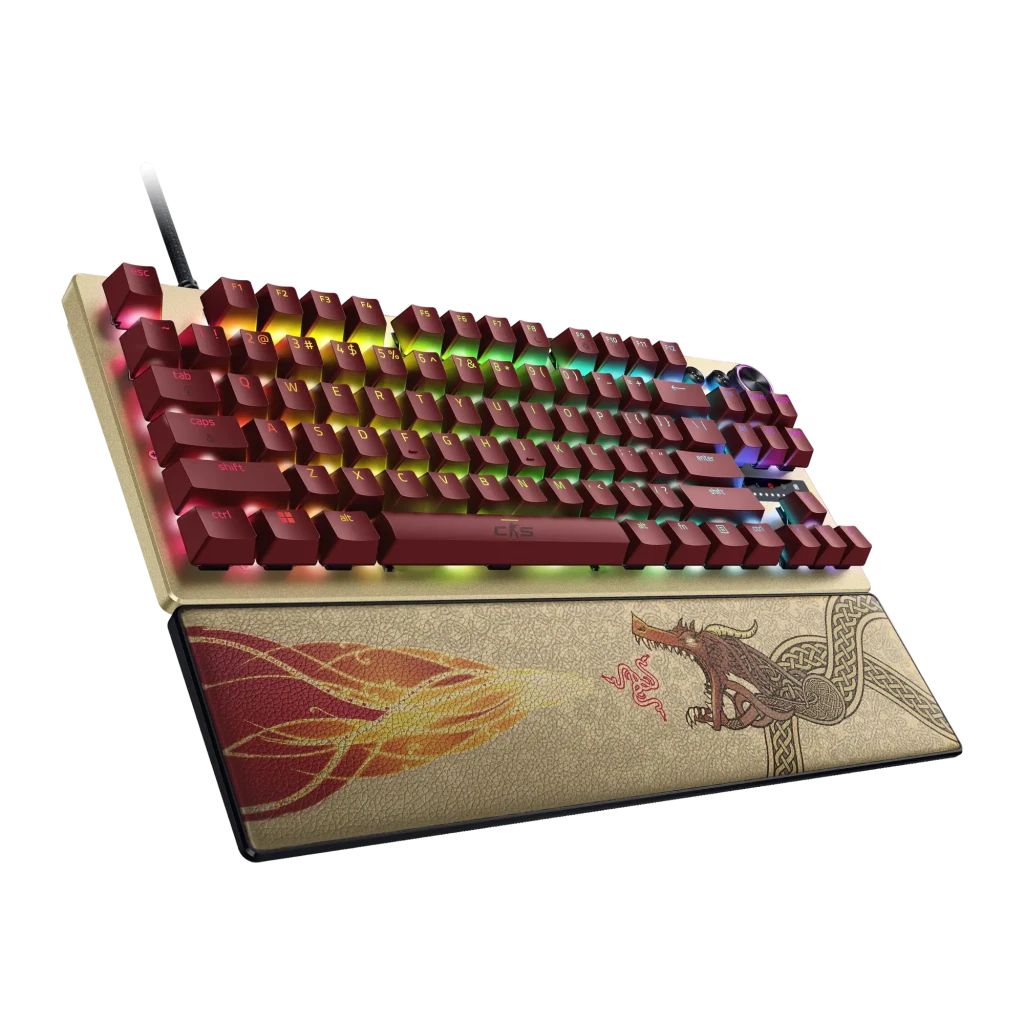 Clavier Gaming Razer Huntsman V3 Pro Tenkeyless CS2 Edition Or, détail: touches rouges avec éclairage RGB et repose-poignet