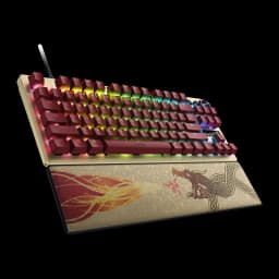Clavier Gaming Razer Huntsman V3 Pro Tenkeyless CS2 Edition Or, détail: touches rouges avec éclairage RGB et repose-poignet