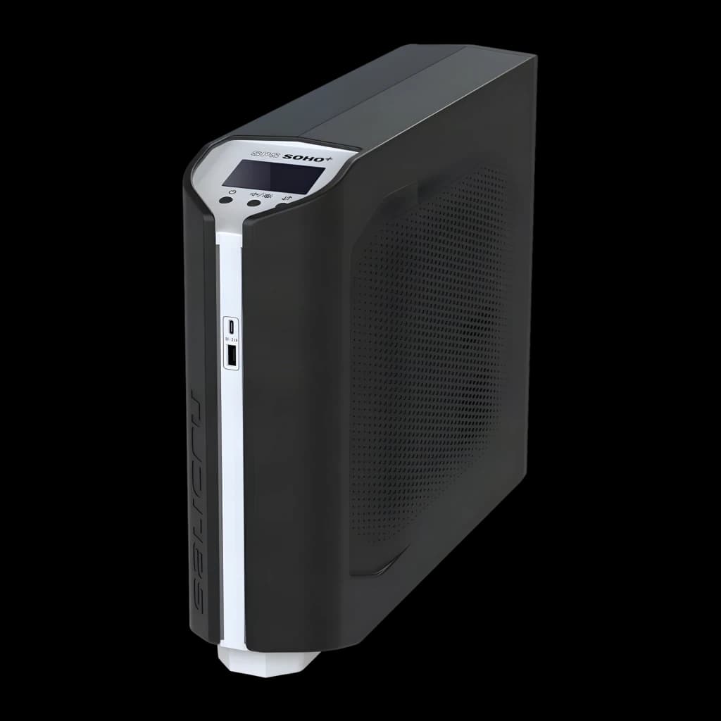 Sai ups Salicru SPS 1650 SOHO+ Linha Interativa 1650VA 900W Preto, vista frontal: caixa preta com painel LCD, portas USB
