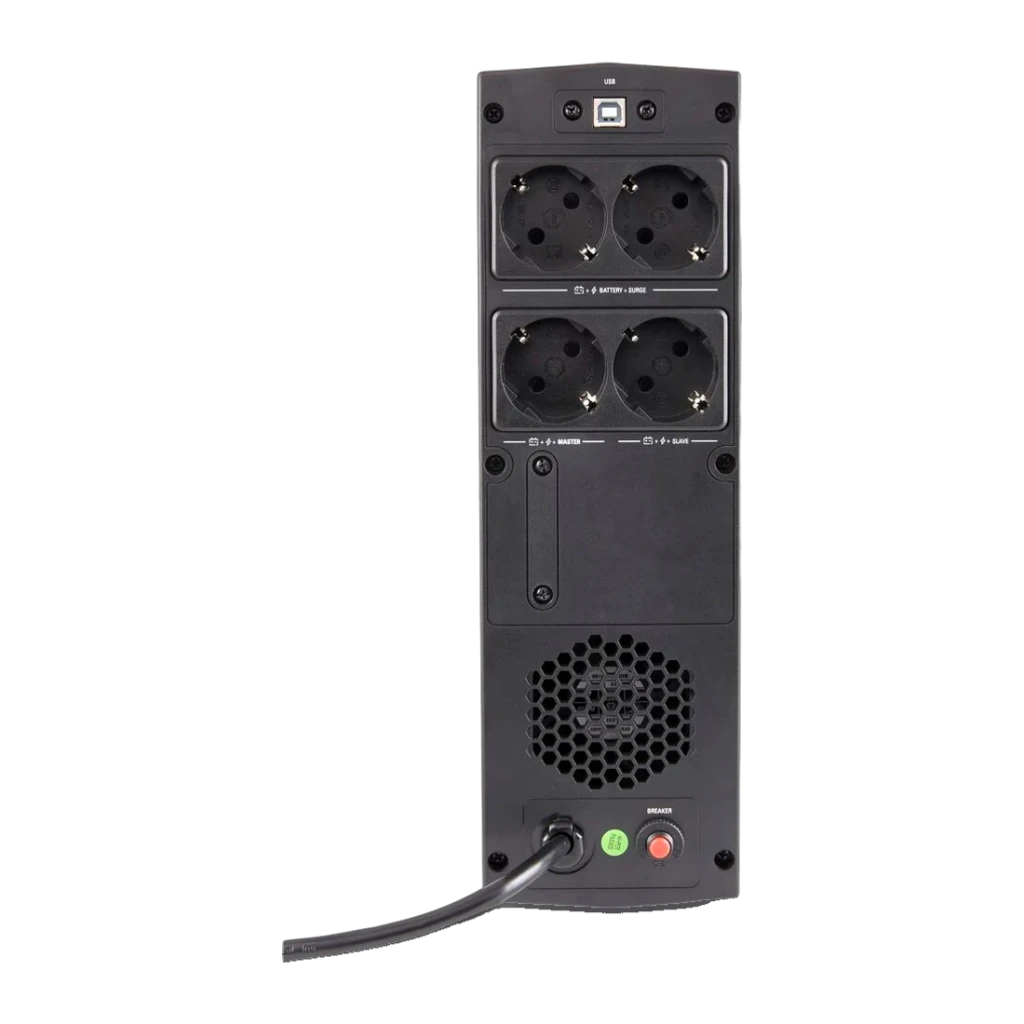 Sai ups Salicru SPS 1650 SOHO+ Linha Interativa 1650VA 900W Preto, vista traseira: 4 tomadas Schuko, porta USB, ventoinha