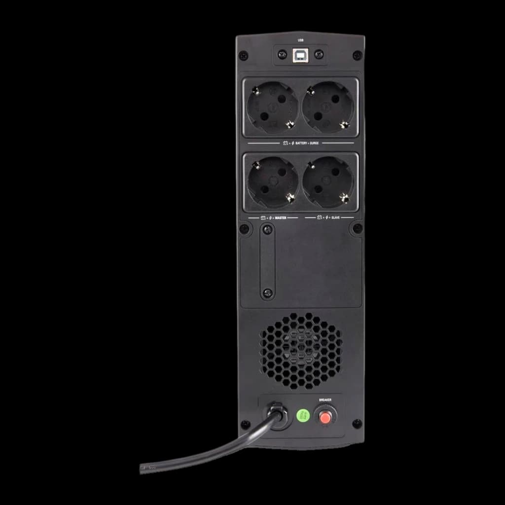 Sai ups Salicru SPS 1650 SOHO+ Linha Interativa 1650VA 900W Preto, vista traseira: 4 tomadas Schuko, porta USB, ventoinha