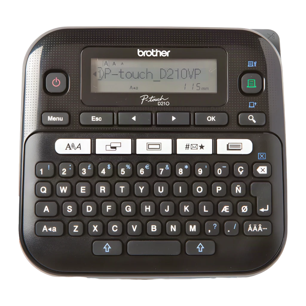 Brother P-touch PT-D210VP Impresora de etiquetas Monocromo Negro, vista frontal: teclado QWERTY y pantalla LCD con texto