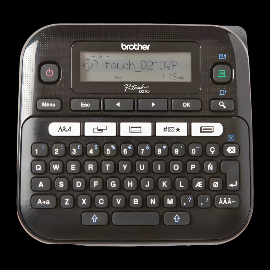 Brother P-touch PT-D210VP Impresora de etiquetas Monocromo Negro, vista frontal: teclado QWERTY y pantalla LCD con texto