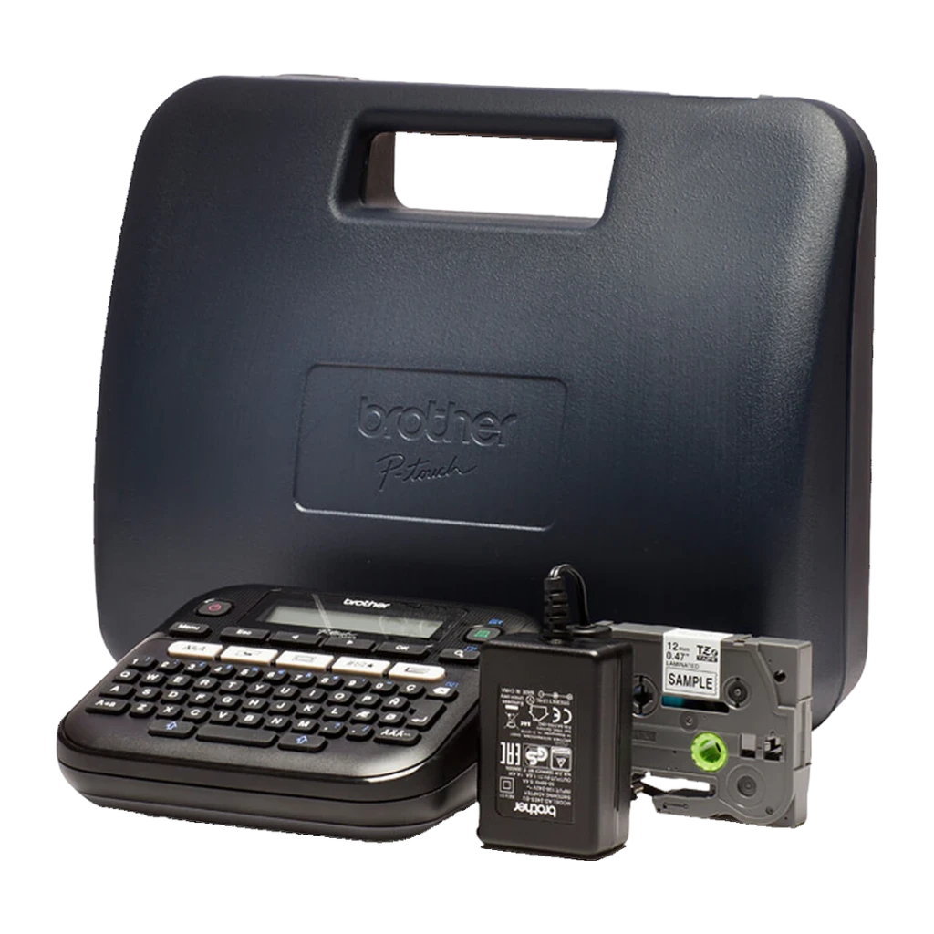 Brother P-touch PT-D210VP Impresora de etiquetas Monocromo Negro, detalle: maletín rígido Brother, impresora, adaptador
