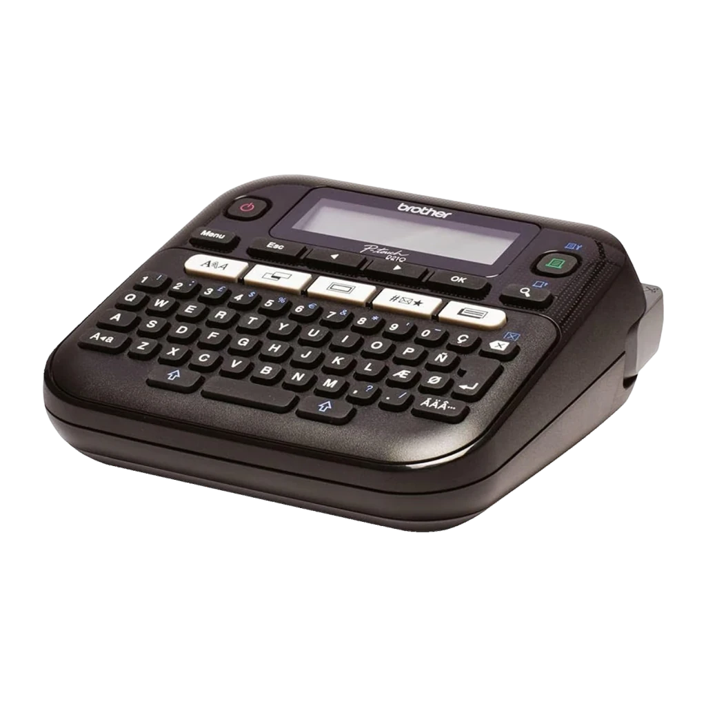 Brother P-touch PT-D210VP Impresora de etiquetas Monocromo Negro, detalle: teclado QWERTY completo, pantalla LCD y botón