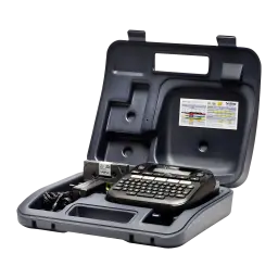 Brother P-touch PT-D210VP Impresora de etiquetas Monocromo Negro, detalle: maletín abierto con impresora, cinta de muestra