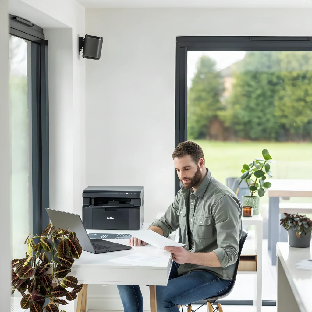 Imprimante Brother DCP-L1640W Multifonction Laser Monochrome Noir, en utilisation: homme consultant un document imprimé à