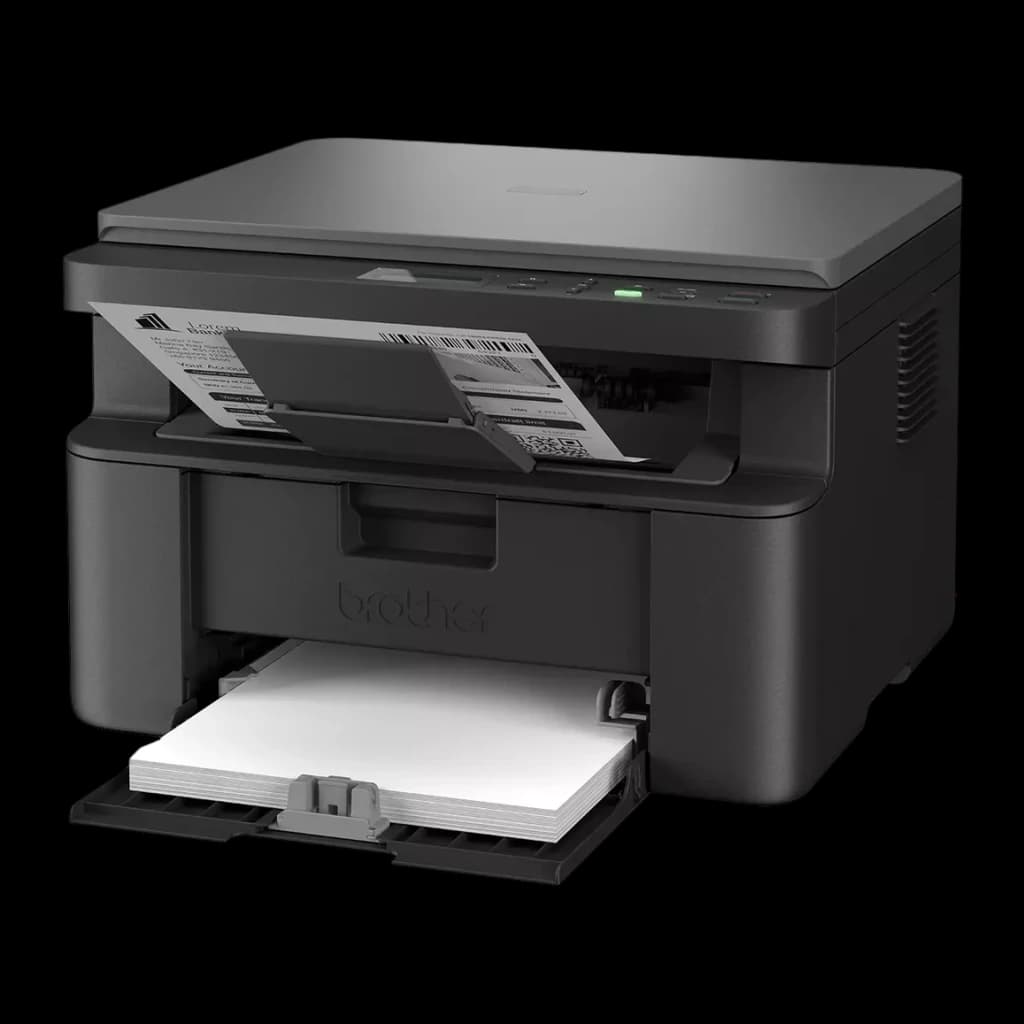 Imprimante Brother DCP-L1640W Multifonction Laser Monochrome Noir, détail: bac papier ouvert avec feuilles et page imprimée