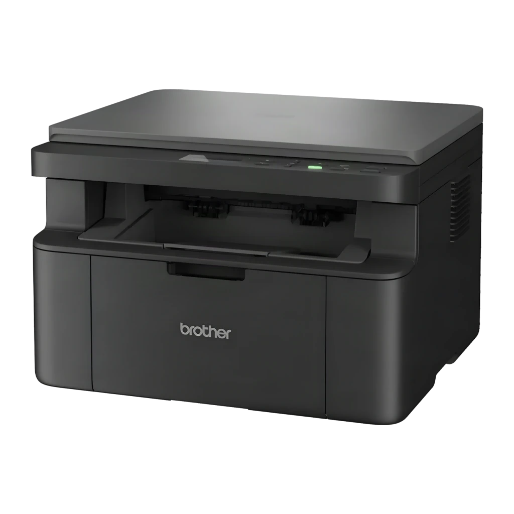 Imprimante Brother DCP-L1640W Multifonction Laser Monochrome Noir, détail: angle avant-latéral, bac de sortie ouvert
