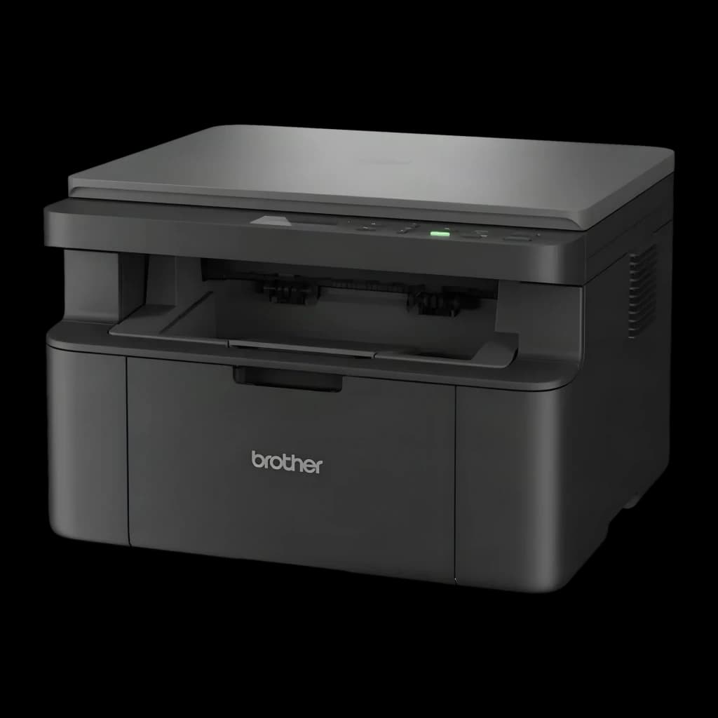 Imprimante Brother DCP-L1640W Multifonction Laser Monochrome Noir, détail: angle avant-latéral, bac de sortie ouvert