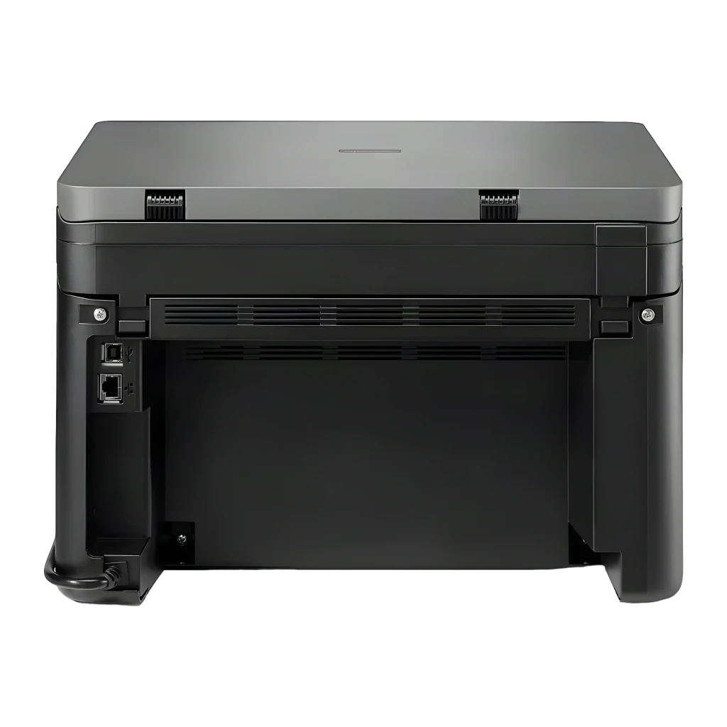 Imprimante Brother DCP-L1640W Multifonction Laser Monochrome Noir, vue arrière: ports USB et réseau, grilles de ventilation