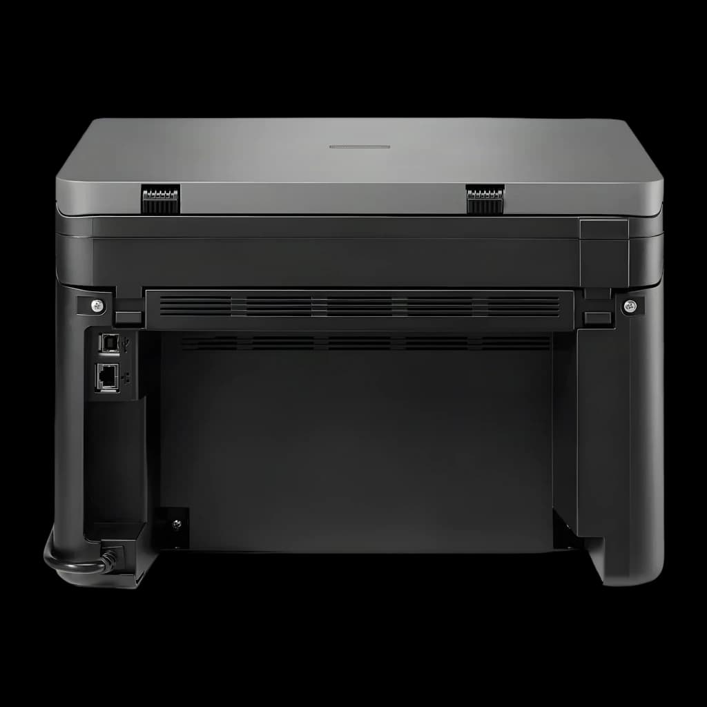 Imprimante Brother DCP-L1640W Multifonction Laser Monochrome Noir, vue arrière: ports USB et réseau, grilles de ventilation