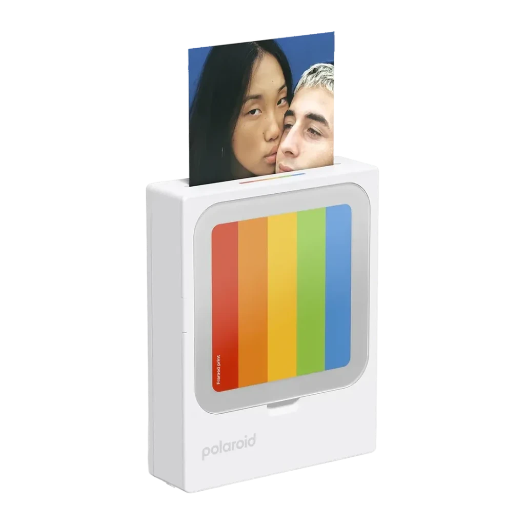 Impresora fotográfica Polaroid Hi-Print 3x3 Sublimación Bluetooth Blanco, vista frontal: cuerpo blanco con panel arcoíris