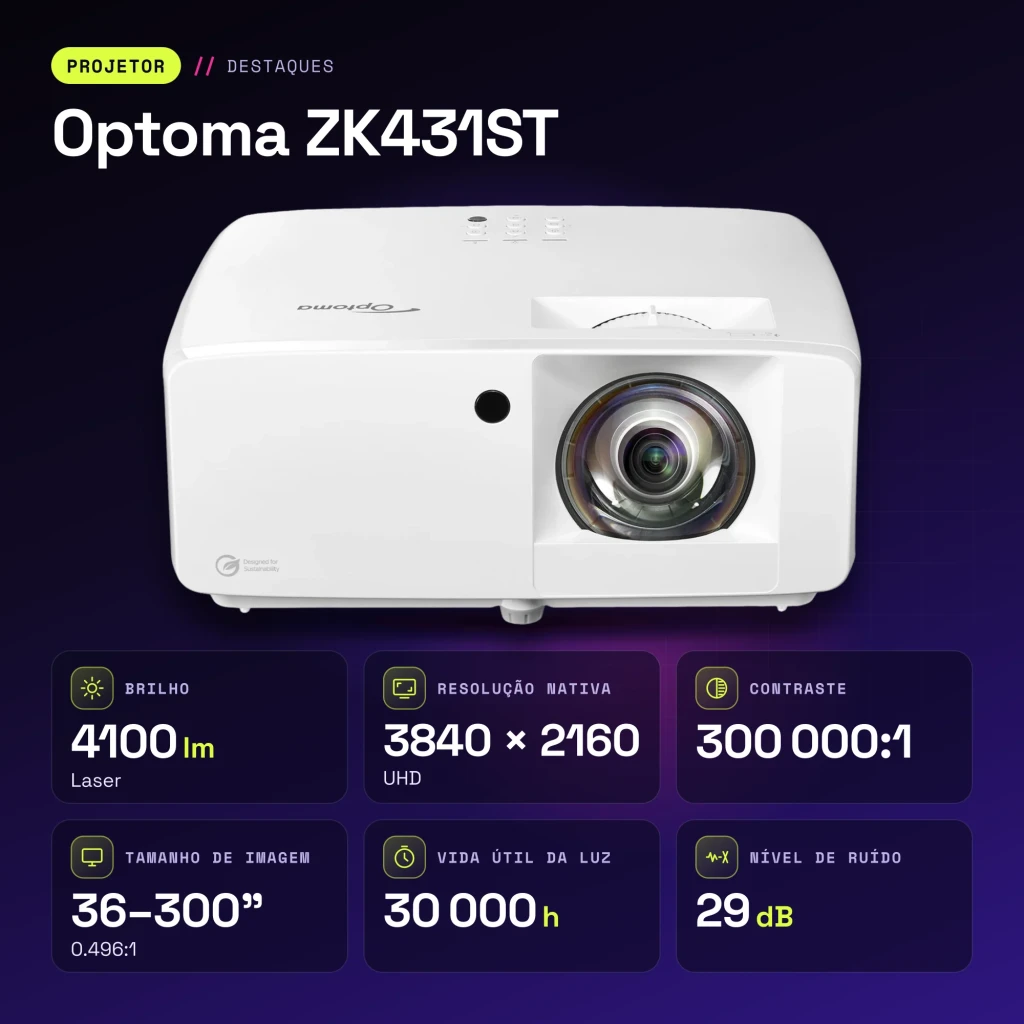 Projetor Optoma Laser 4K UHD Curta Distância 4100 Lúmens ANSI Branco ZK431ST - características