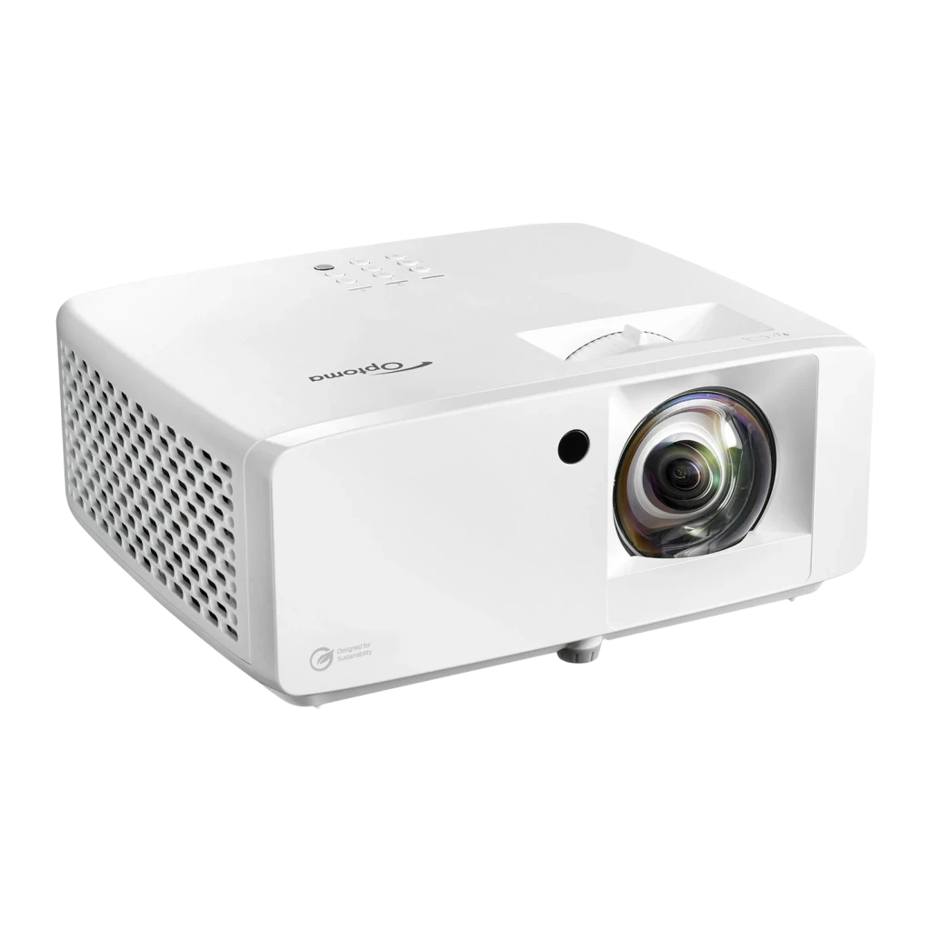 Projetor Optoma Laser 4K UHD Curta Distância 4100 Lúmens ANSI Branco ZK431ST, detalhe: lente grande angular e grelha
