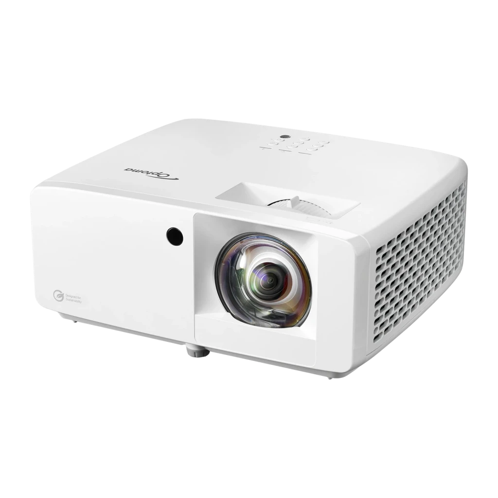 Projetor Optoma Laser 4K UHD Curta Distância 4100 Lúmens ANSI Branco ZK431ST, detalhe: objetiva grande angular e grelha