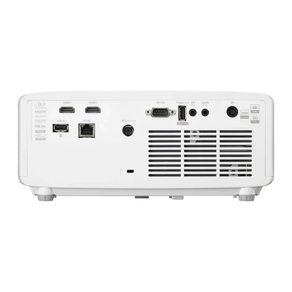 Projetor Optoma Laser 4K UHD Curta Distância 4100 Lúmens ANSI Branco ZK431ST, vista traseira: portas HDMI, USB-A, RJ-45