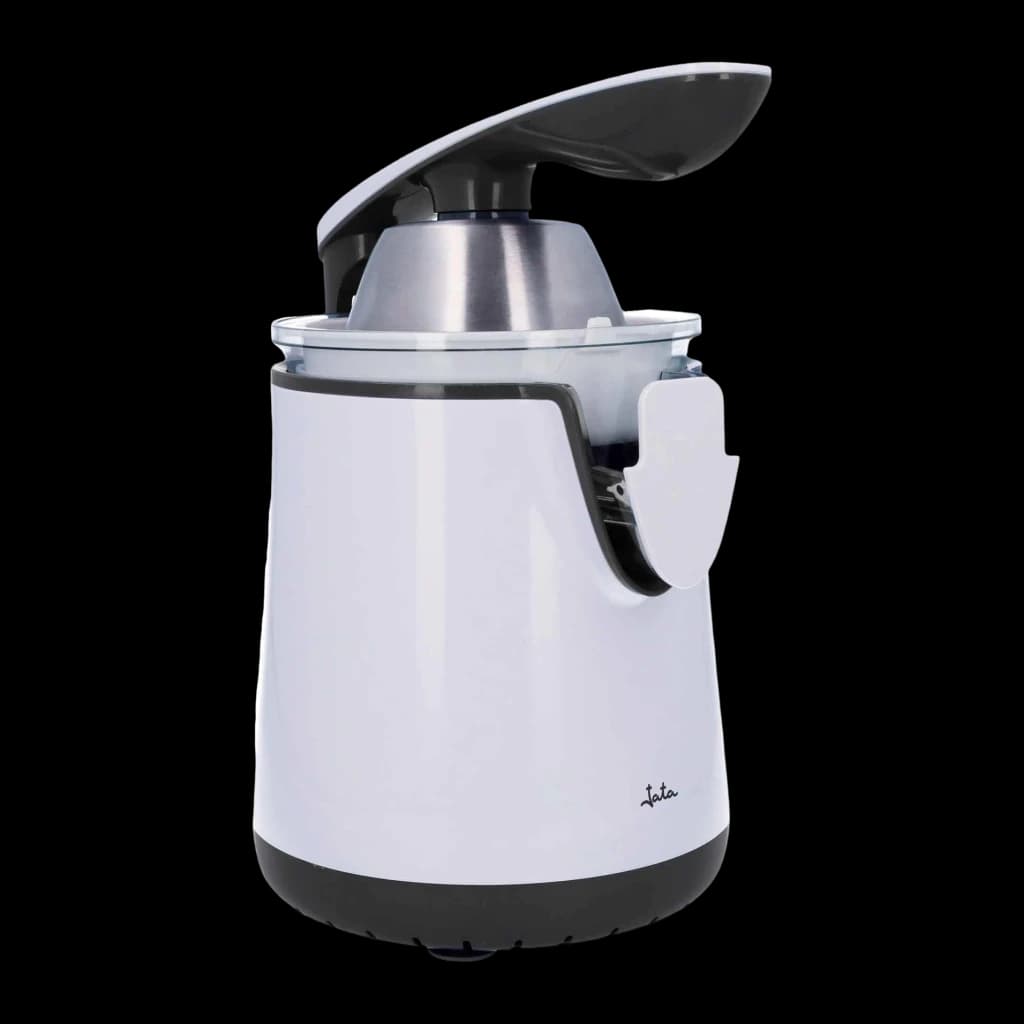 Exprimidor JATA 350W Blanco JEEX1058, vista frontal: cuerpo blanco, cono inox, tapa abatible negra y grifo lateral