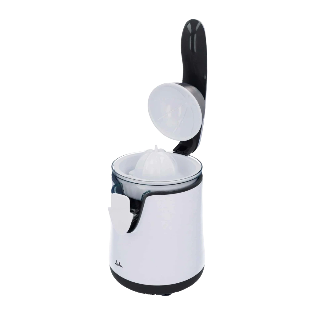 Exprimidor JATA 350W Blanco JEEX1058, detalle: tapa abatible abierta mostrando cono exprimidor y recipiente transparente
