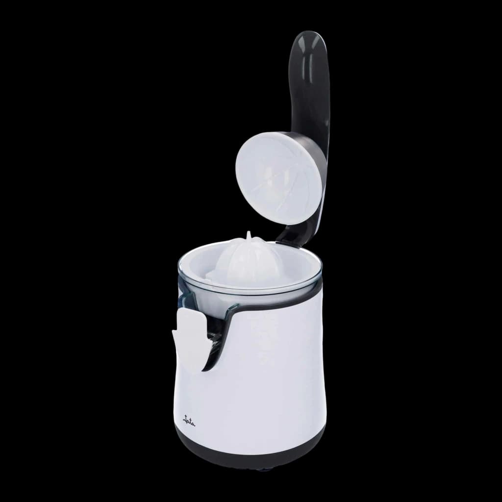 Exprimidor JATA 350W Blanco JEEX1058, detalle: tapa abatible abierta mostrando cono exprimidor y recipiente transparente
