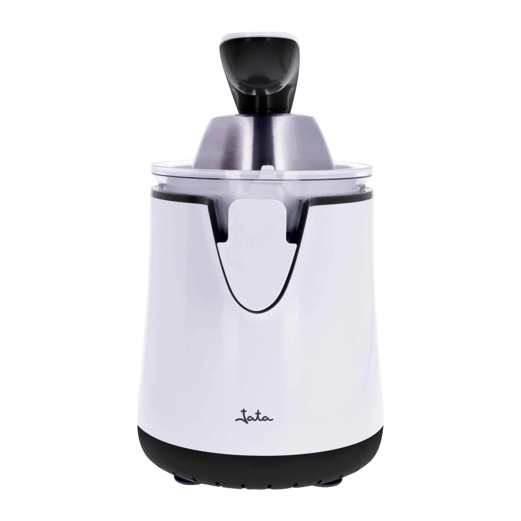 Exprimidor JATA 350W Blanco JEEX1058, detalle: cuerpo blanco con logo, cono inox y palanca negra sobre fondo oscuro