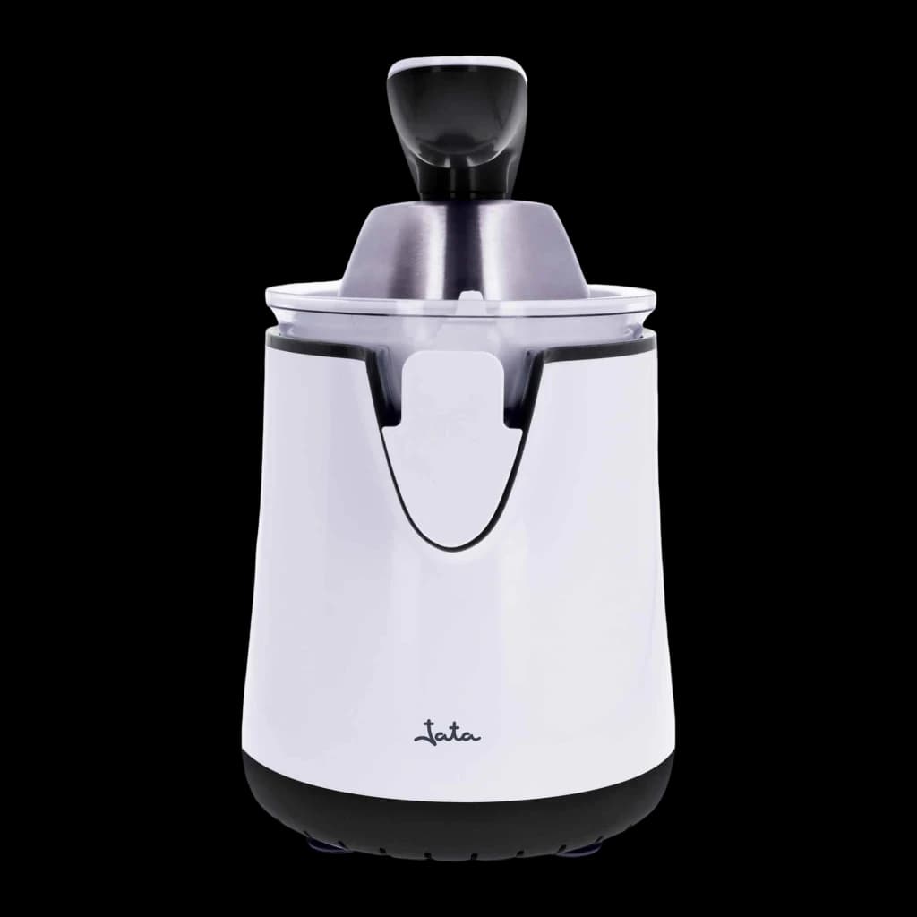 Exprimidor JATA 350W Blanco JEEX1058, detalle: cuerpo blanco con logo, cono inox y palanca negra sobre fondo oscuro