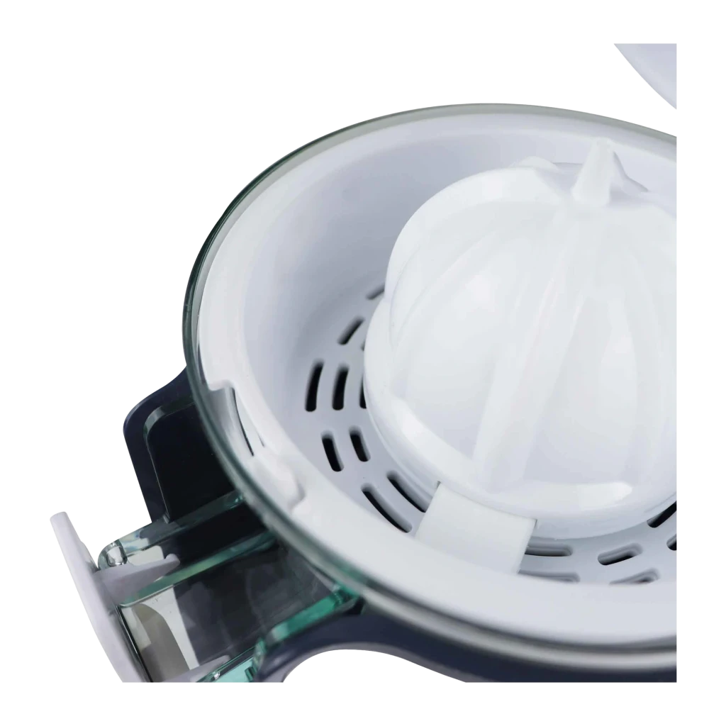 Exprimidor JATA 350W Blanco JEEX1058, detalle: cono exprimidor blanco y colador con recipiente de cristal
