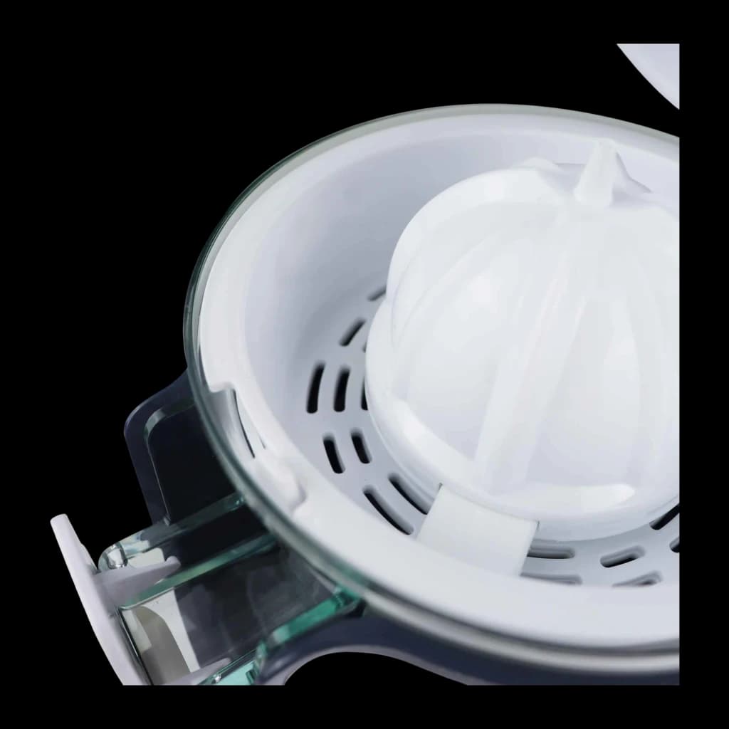 Exprimidor JATA 350W Blanco JEEX1058, detalle: cono exprimidor blanco y colador con recipiente de cristal