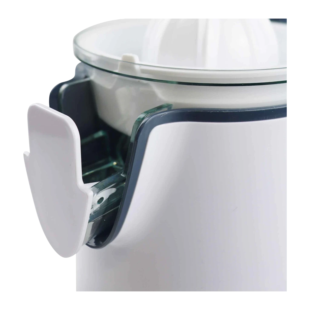 Exprimidor JATA 350W Blanco JEEX1058, detalle: asa lateral blanca y jarra transparente con borde gris oscuro