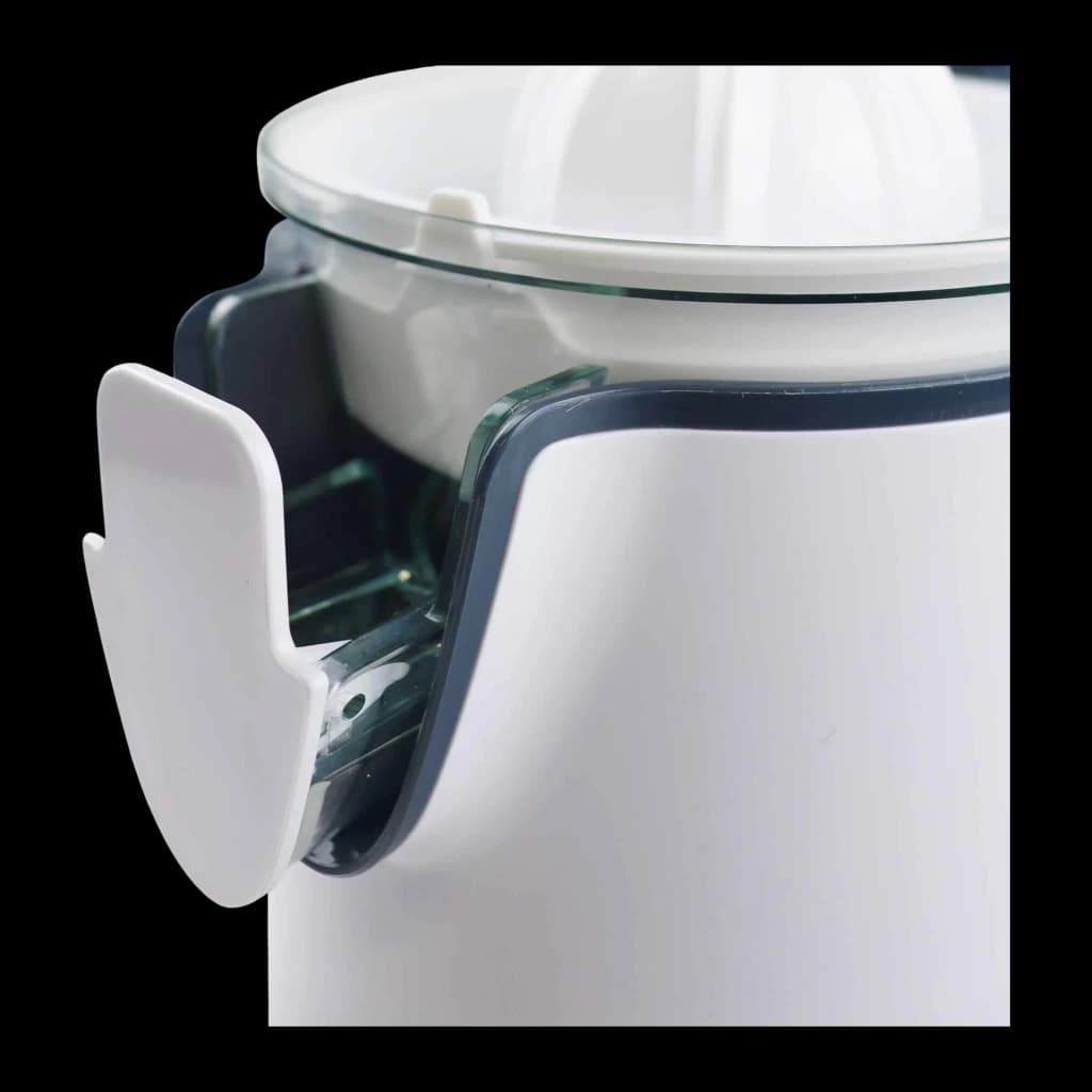 Exprimidor JATA 350W Blanco JEEX1058, detalle: asa lateral blanca y jarra transparente con borde gris oscuro