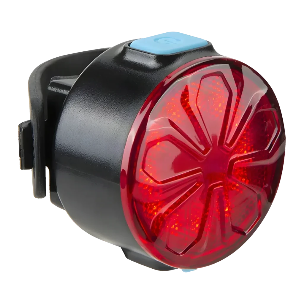 Luz trasera Superfire BTL05 Rojo 4h Micro-USB, vista frontal: lente roja circular con patrón radial y botón azul superior