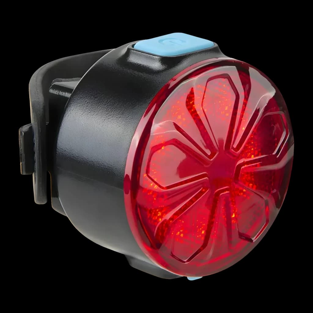 Luz trasera Superfire BTL05 Rojo 4h Micro-USB, vista frontal: lente roja circular con patrón radial y botón azul superior