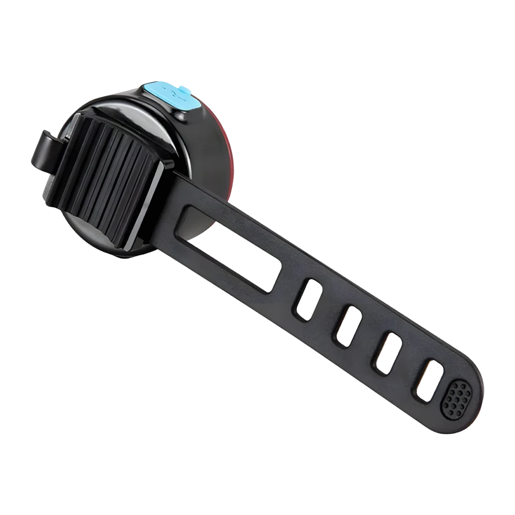 Luz trasera Superfire BTL05 Rojo 4h Micro-USB, vista trasera: correa de sujeción negra con ranuras y botón azul visible