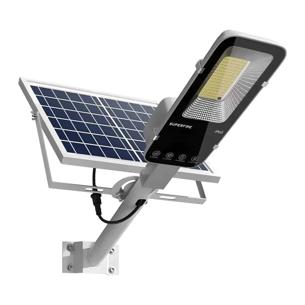 Lámpara solar Superfire 1200lm 120m² FF5-C, vista frontal: cabezal LED con matriz de LEDs dorados, panel solar azul
